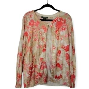 Eddie Bauer Women's Tan/Pink Floral Preppy Button-Up Cardigan Sweater Size XL